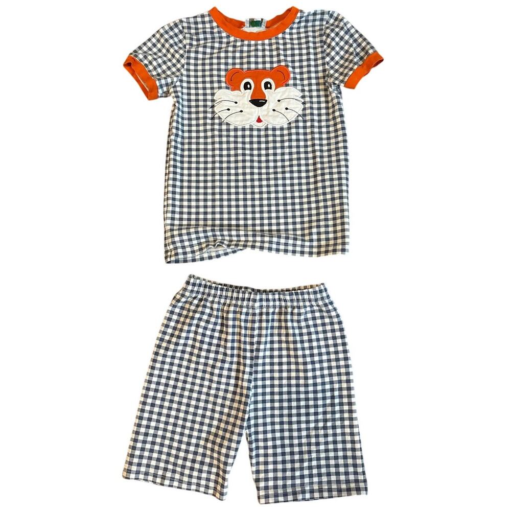 Busy Bees Smocks Auburn Tigers Short Set Unisex Kids 8 Gingham Applique EUC